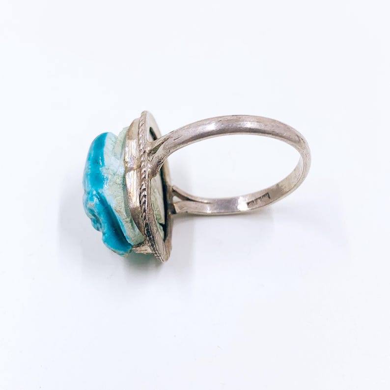 Vintage Egyptian Scarab Bead Silver Ring, Carved Stone Scarab Ring, Size 9 Ring