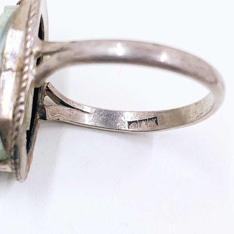 Vintage Egyptian Scarab Bead Silver Ring, Carved Stone Scarab Ring, Size 9 Ring