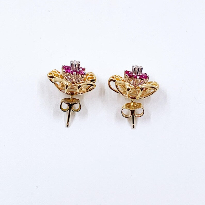 Vintage 14k Ruby and Sapphire Flower Earrings