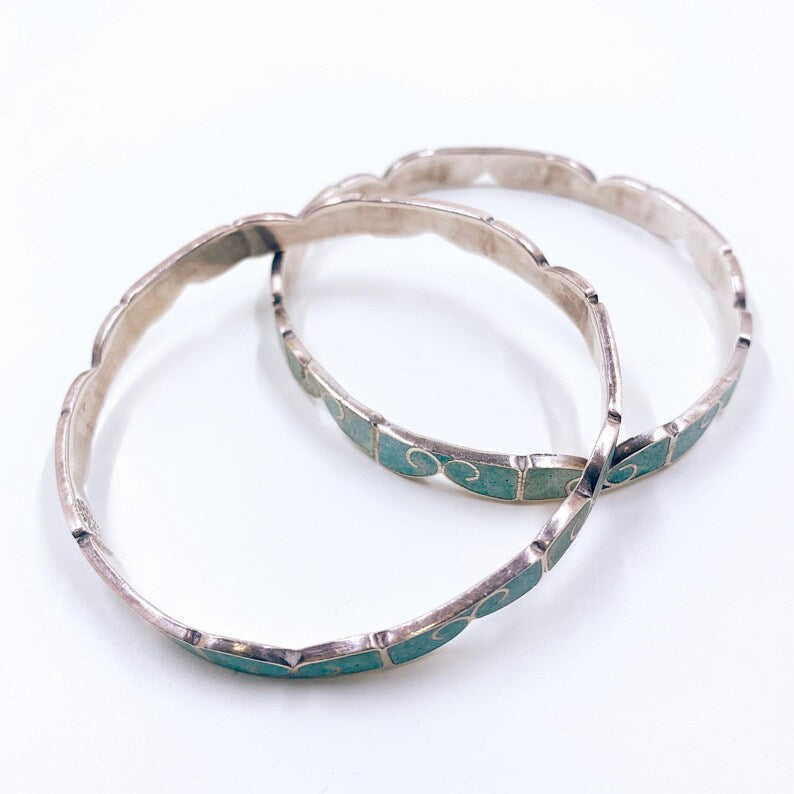 Vintage Mexican Silver Turquoise Inlay Bangle Bracelets- Set of 2