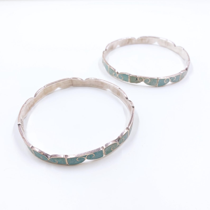 Vintage Mexican Silver Turquoise Inlay Bangle Bracelets- Set of 2