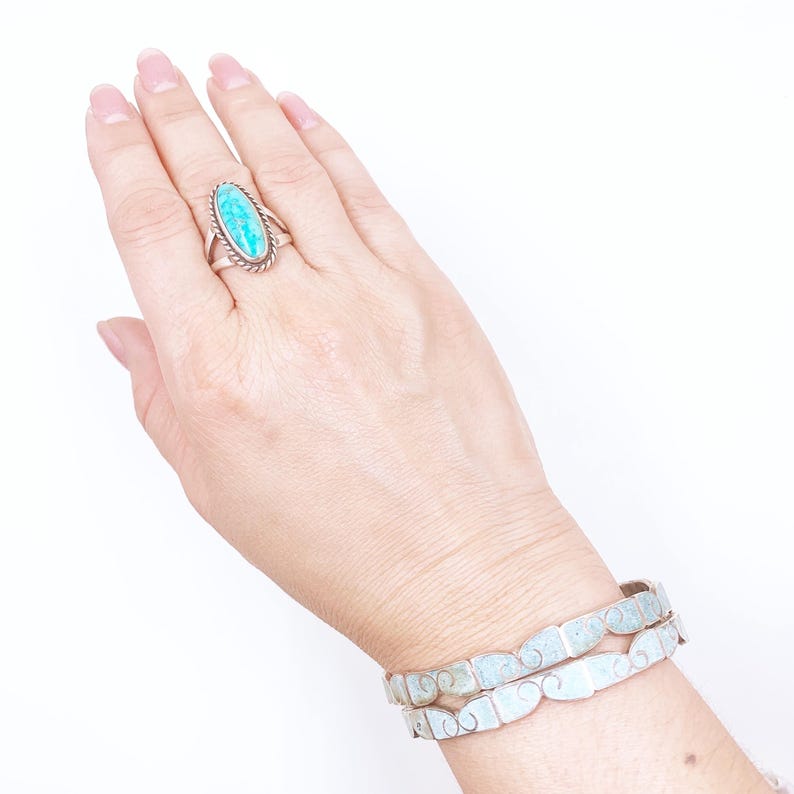 Vintage Mexican Silver Turquoise Inlay Bangle Bracelets- Set of 2