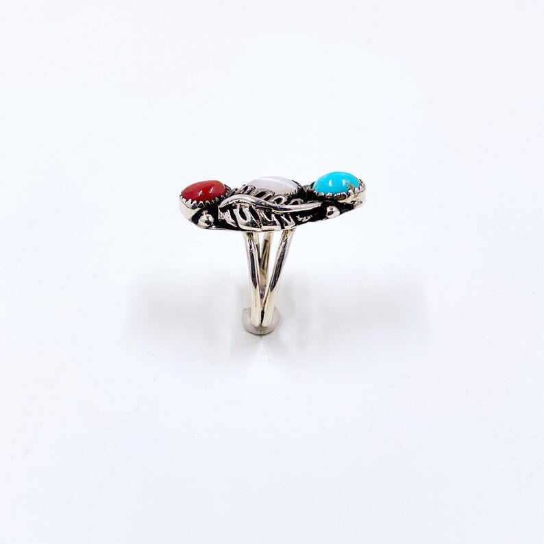 Vintage Sterling Southwest Leaf Three Stone Ring, Turquoise Coral and Mother of Pearl Ring, Size 6 Ring