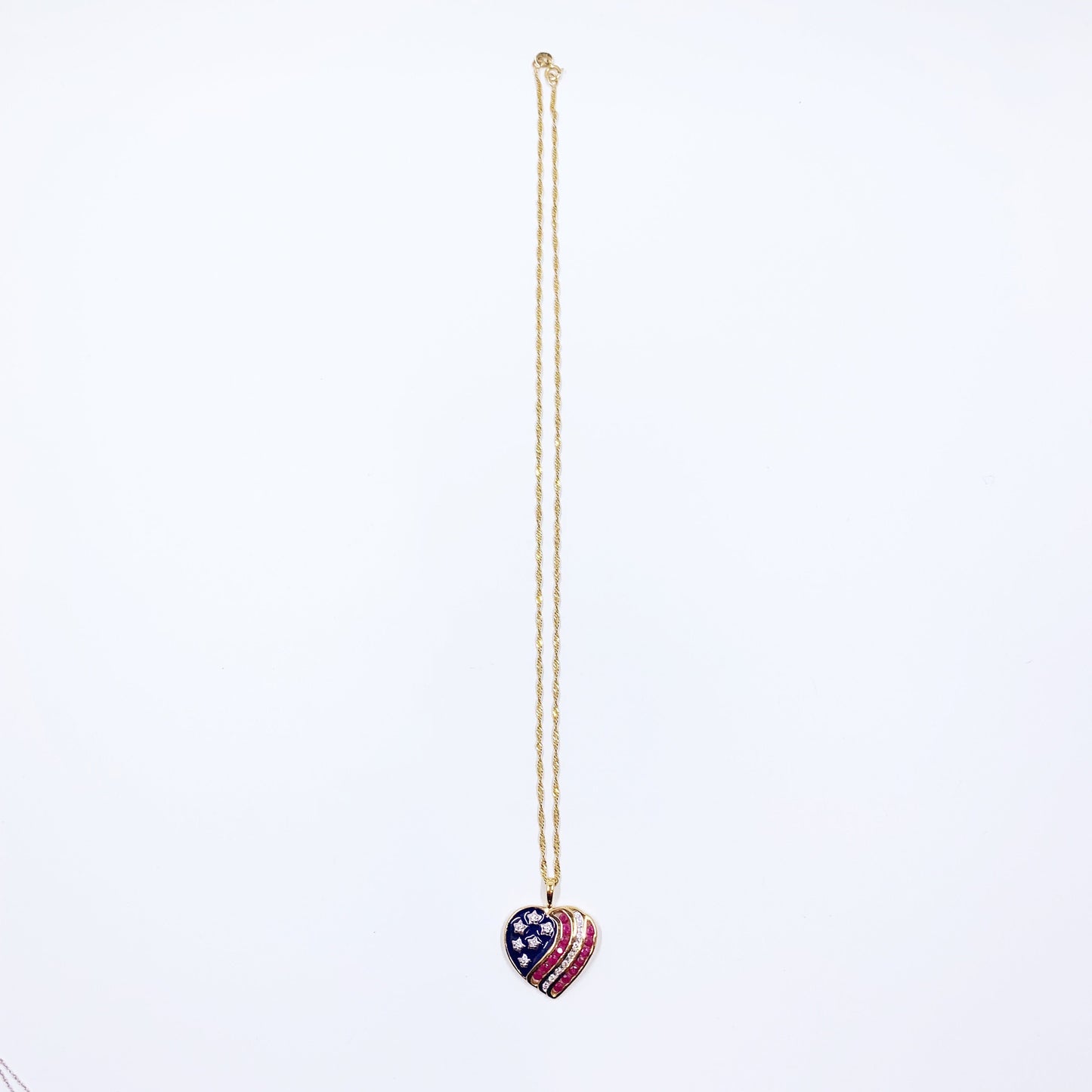 Estate 10K Gold Red White and Blue Diamond and Ruby Heart Shaped Pendant | 10K Gold Heart Flag Pendant | Patriotic Jewelry