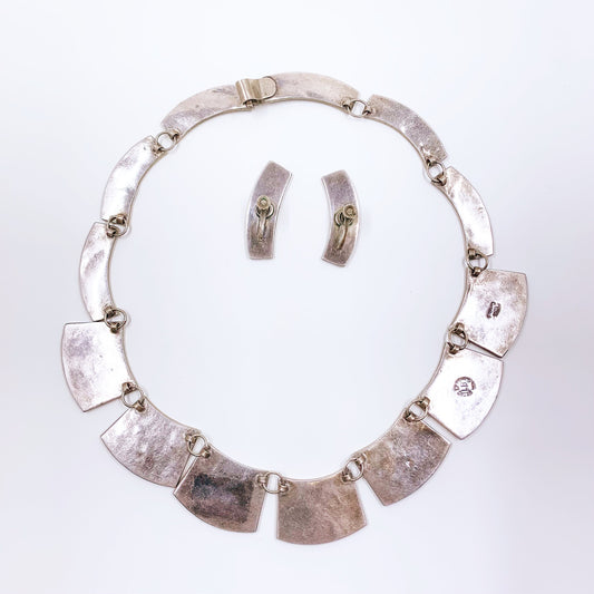 Vintage Mexican Mixed Metals & Stone Inlay Modernist Choker and Earrings Set