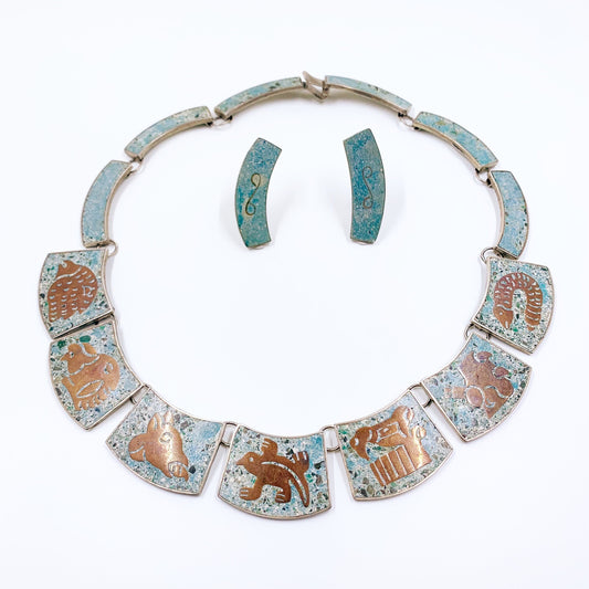 Vintage Mexican Mixed Metals & Stone Inlay Modernist Choker and Earrings Set