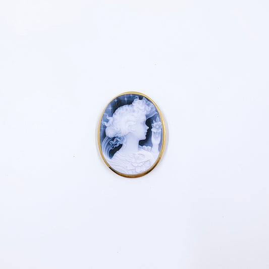 Estate 18K Gold Italian Blue Agate Cameo Brooch | Large 18K Gold Carved Cameo Brooch