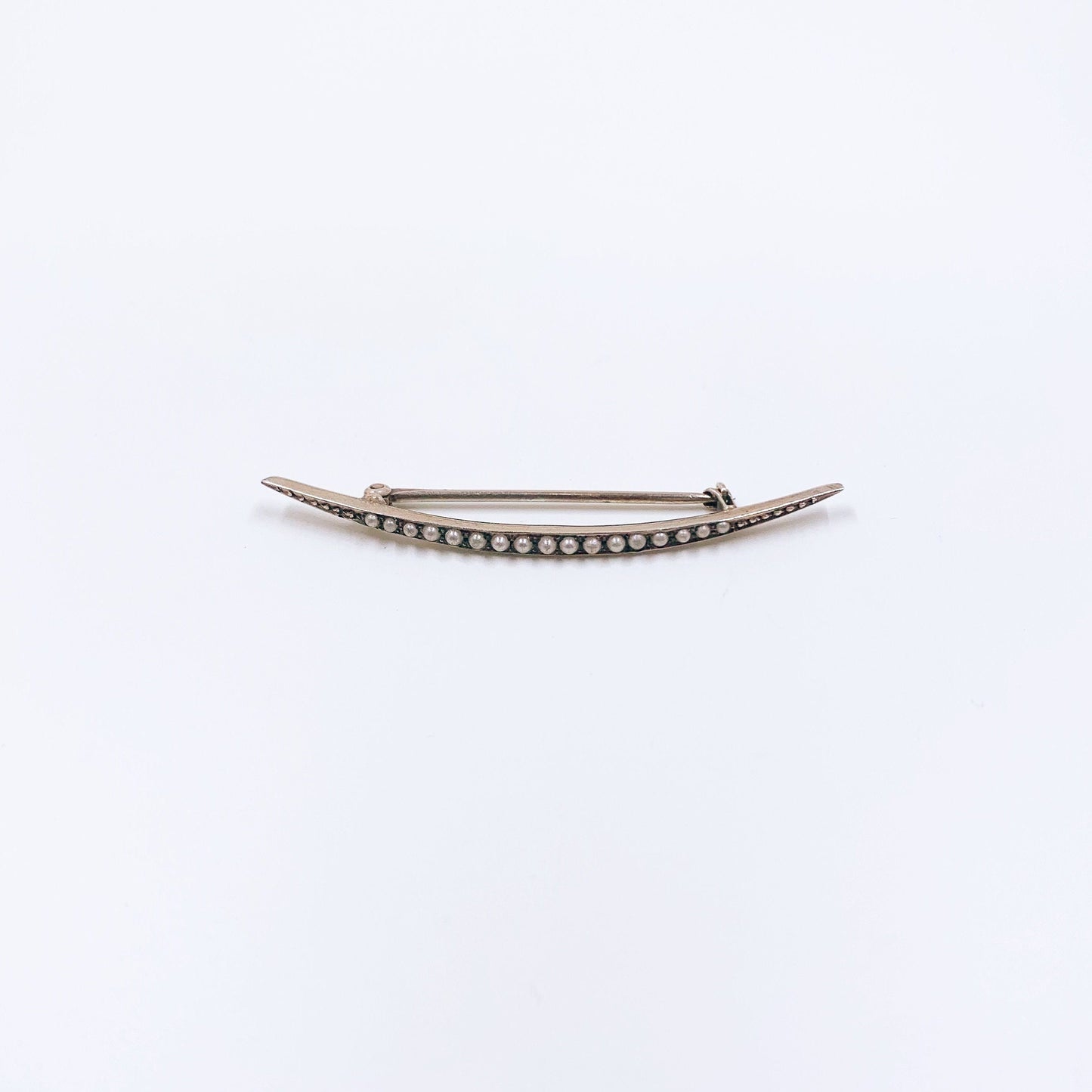 Antique Sterling Silver Crescent Moon Seed Pearl Bar Pin | Victorian Sterling Celestial Moon Brooch