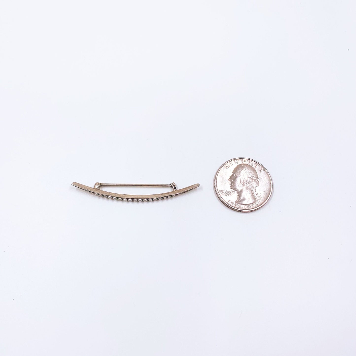 Antique Sterling Silver Crescent Moon Seed Pearl Bar Pin | Victorian Sterling Celestial Moon Brooch