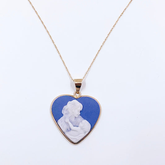 Estate Michael Anthony 10K Gold Mother and Child Heart Cameo Pendant | 10K Gold Porcelain Cameo Pendant with Necklace