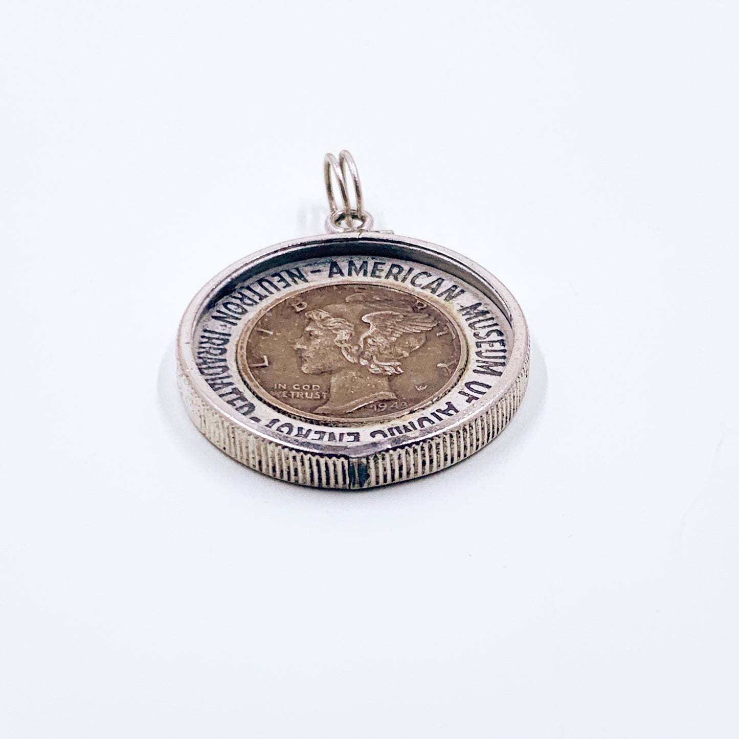 Vintage American Museum of Atomic Energy Coin Pendant, Encapsulated Neutron Irradiated 1943 Mercury Dime