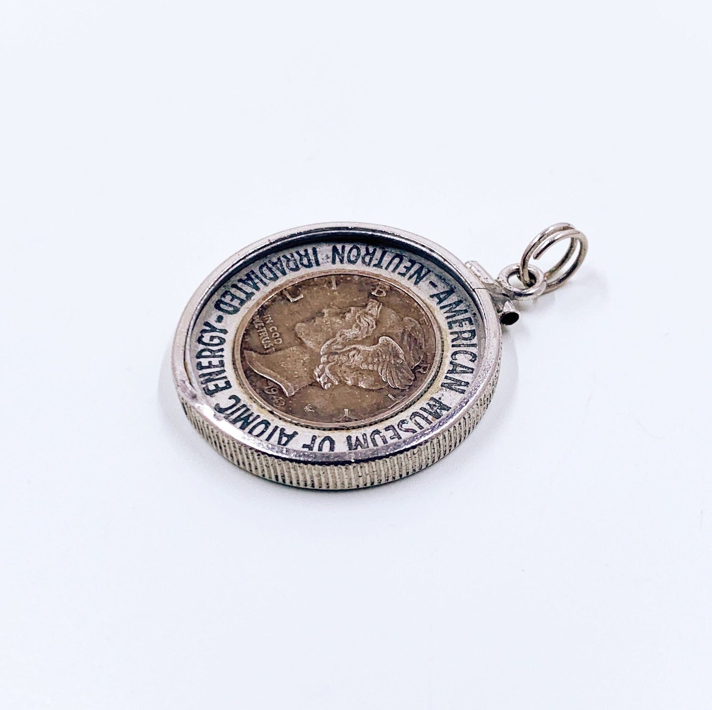 Vintage American Museum of Atomic Energy Coin Pendant, Encapsulated Neutron Irradiated 1943 Mercury Dime