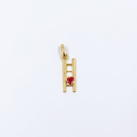 Estate Italian 18K Gold Enamel Heart on Ladder Charm, Enamel 18k Ladder Pendant, 18k and Enamel Stair Charm