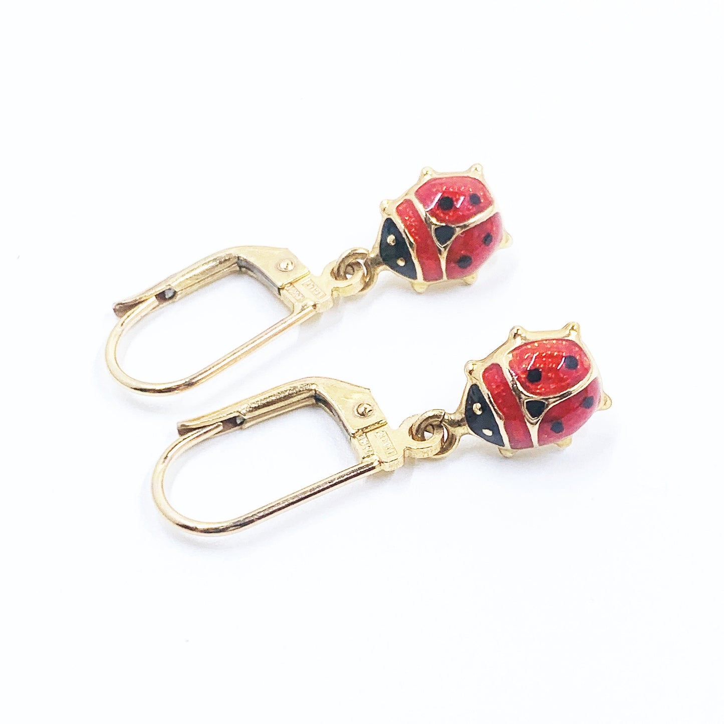 Estate 14K Gold Enamel Lady Bug Dangle Earrings