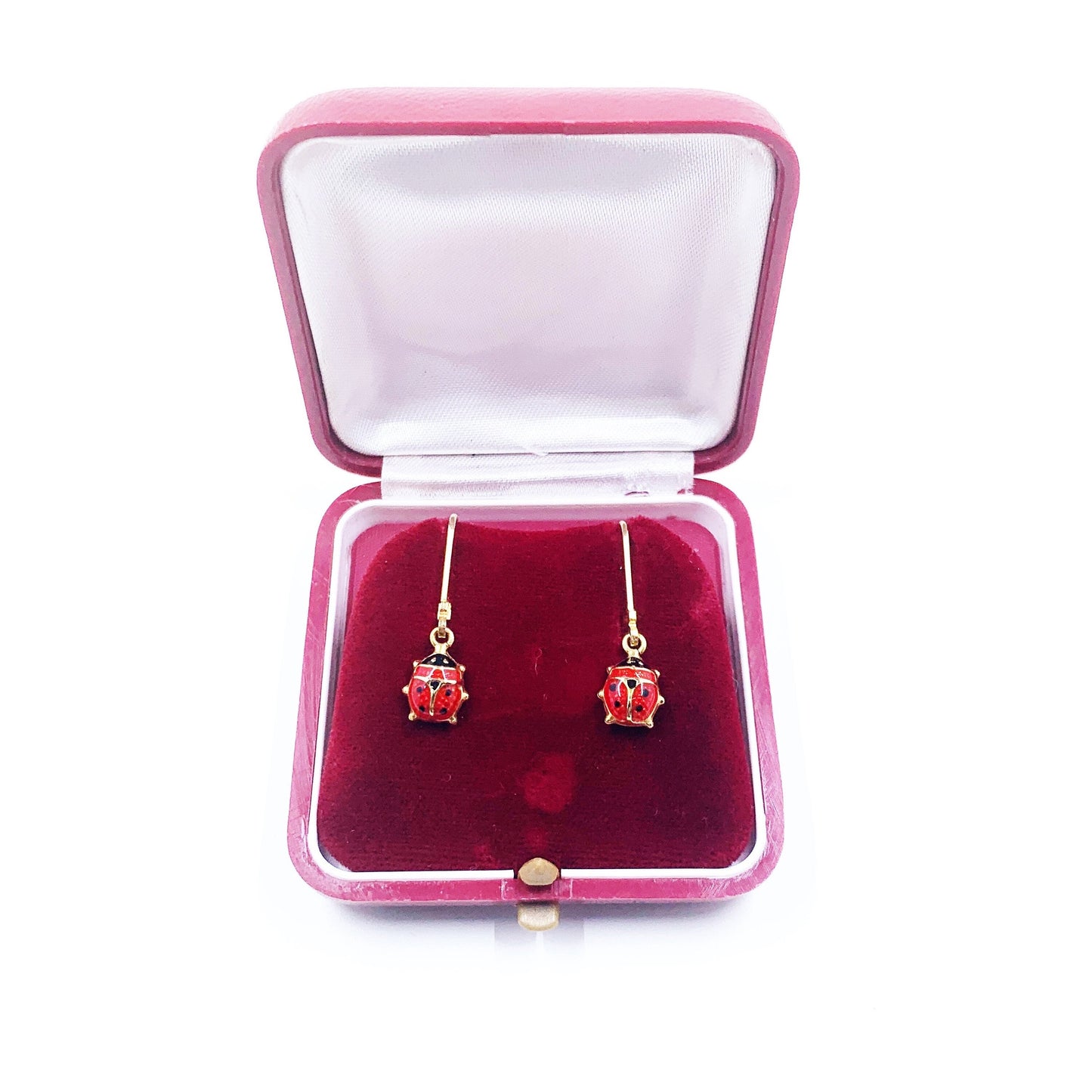 Estate 14K Gold Enamel Lady Bug Dangle Earrings