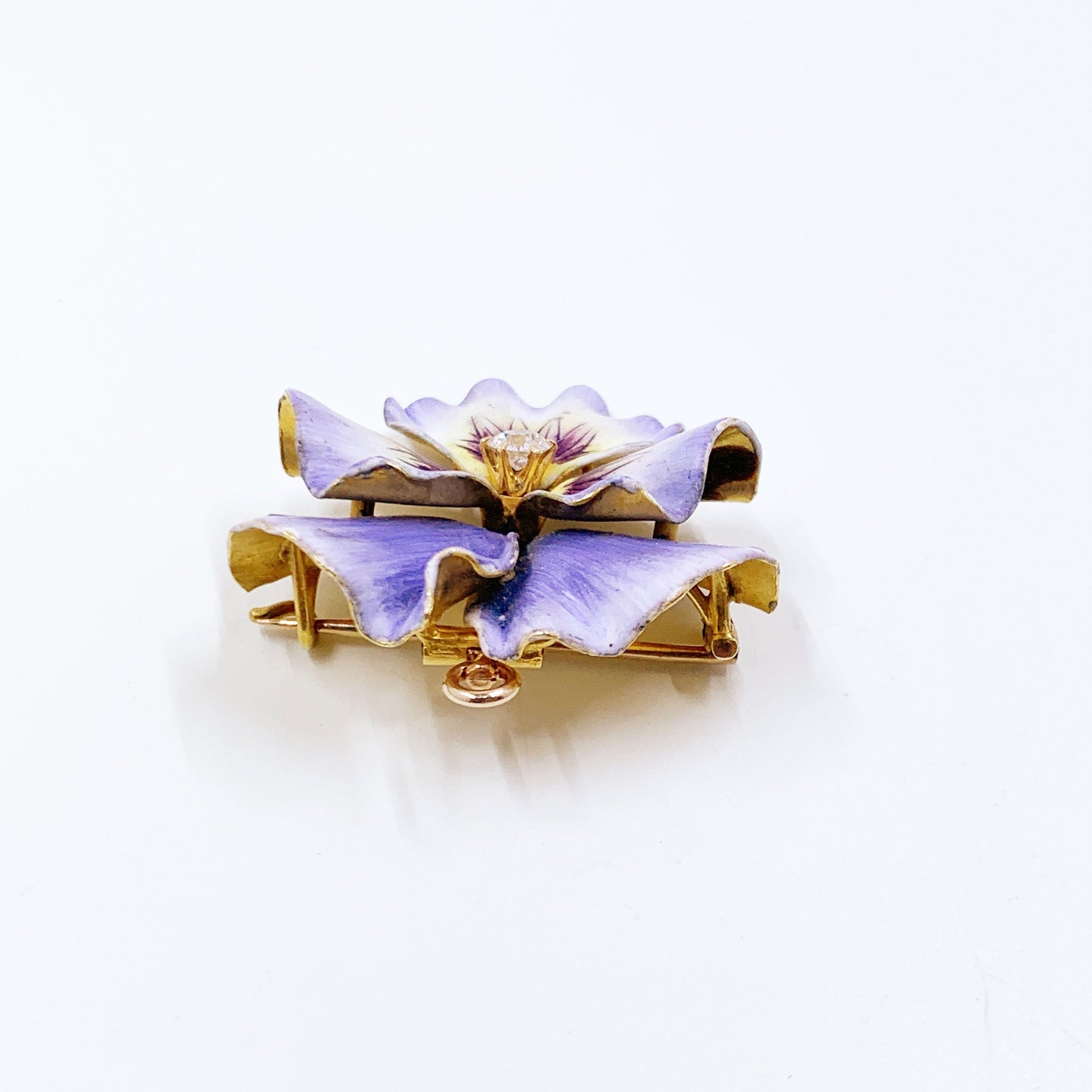 Antique 14k Art Nouveau Pansy and Diamond Brooch | 14k Gold Enamel Pansy Flower Brooch