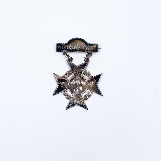 Antique Silver 1891 Medal Brooch, Avenue C Boys Club, Silver Boys Club Badge Pin, New York Philanthropy