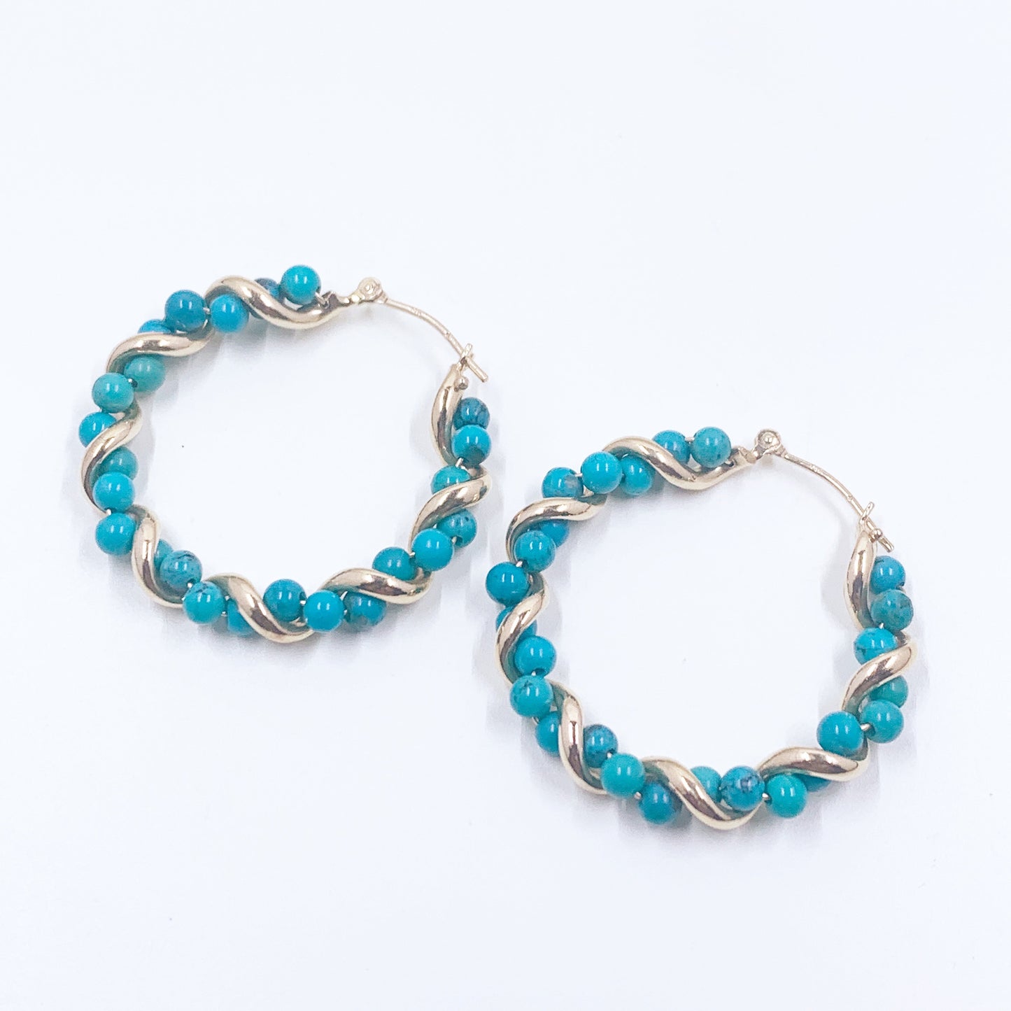 14K Yellow Gold Beaded Twisted Hoop Earrings, Estate 14K Gold Blue Bead Hoop Earrings