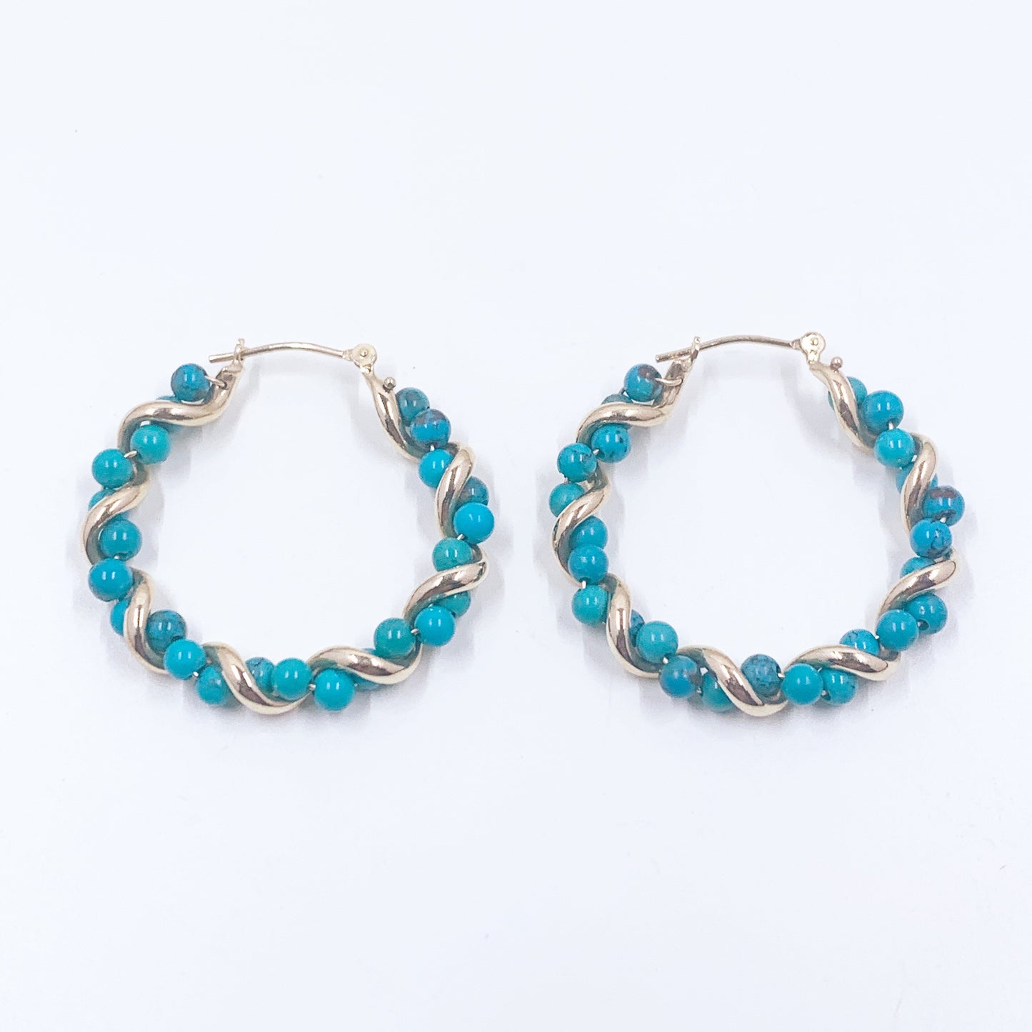 14K Yellow Gold Beaded Twisted Hoop Earrings, Estate 14K Gold Blue Bead Hoop Earrings