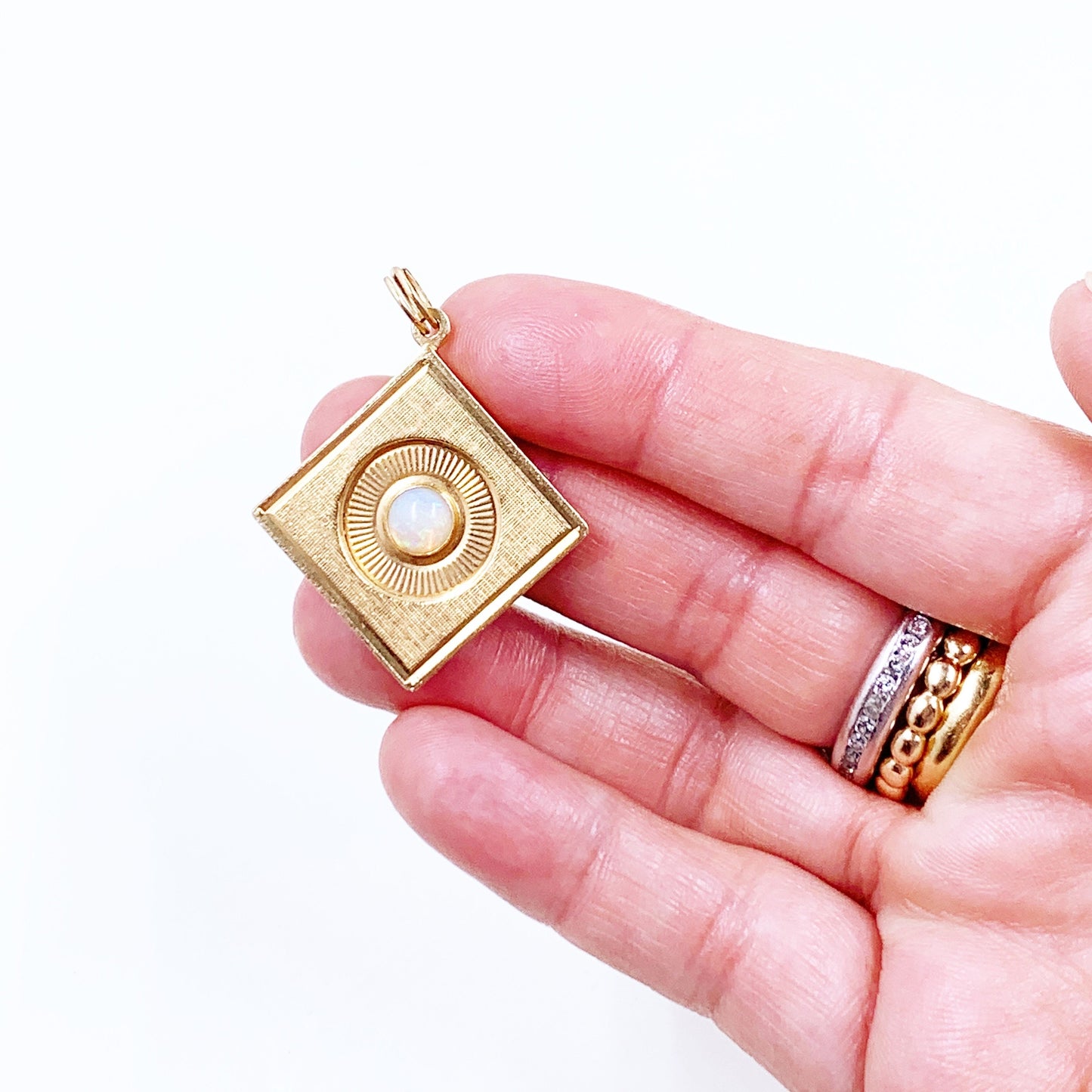 Vintage 1960's 14K Gold Opal Square Charm Pendant