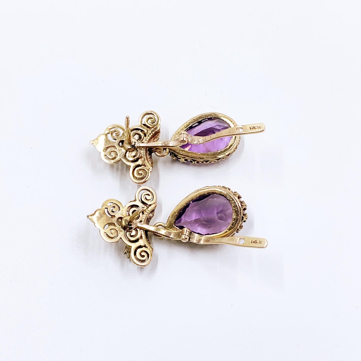 Victorian Revival 14k Gold Amethyst Seed Pearl Dangle Earrings