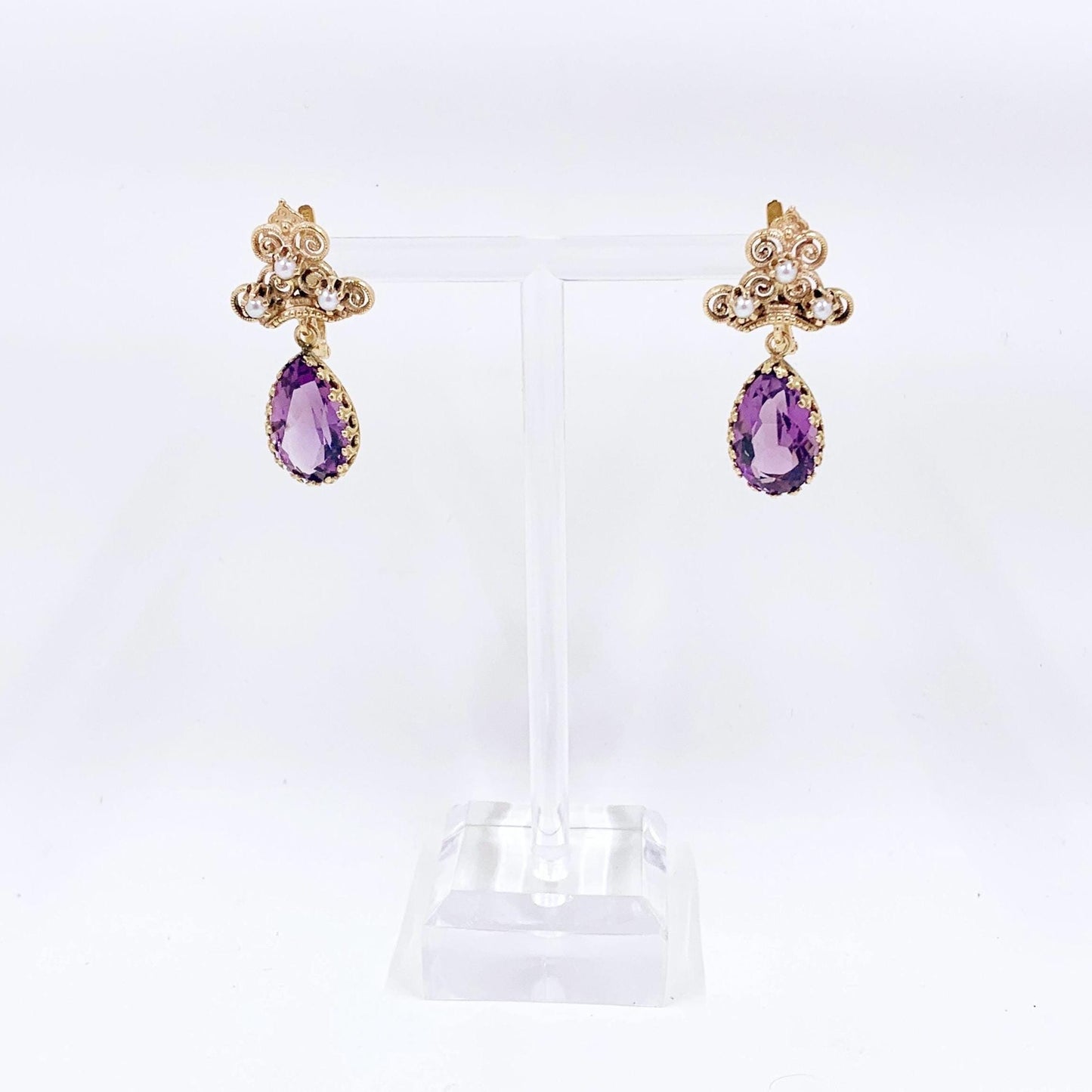 Victorian Revival 14k Gold Amethyst Seed Pearl Dangle Earrings