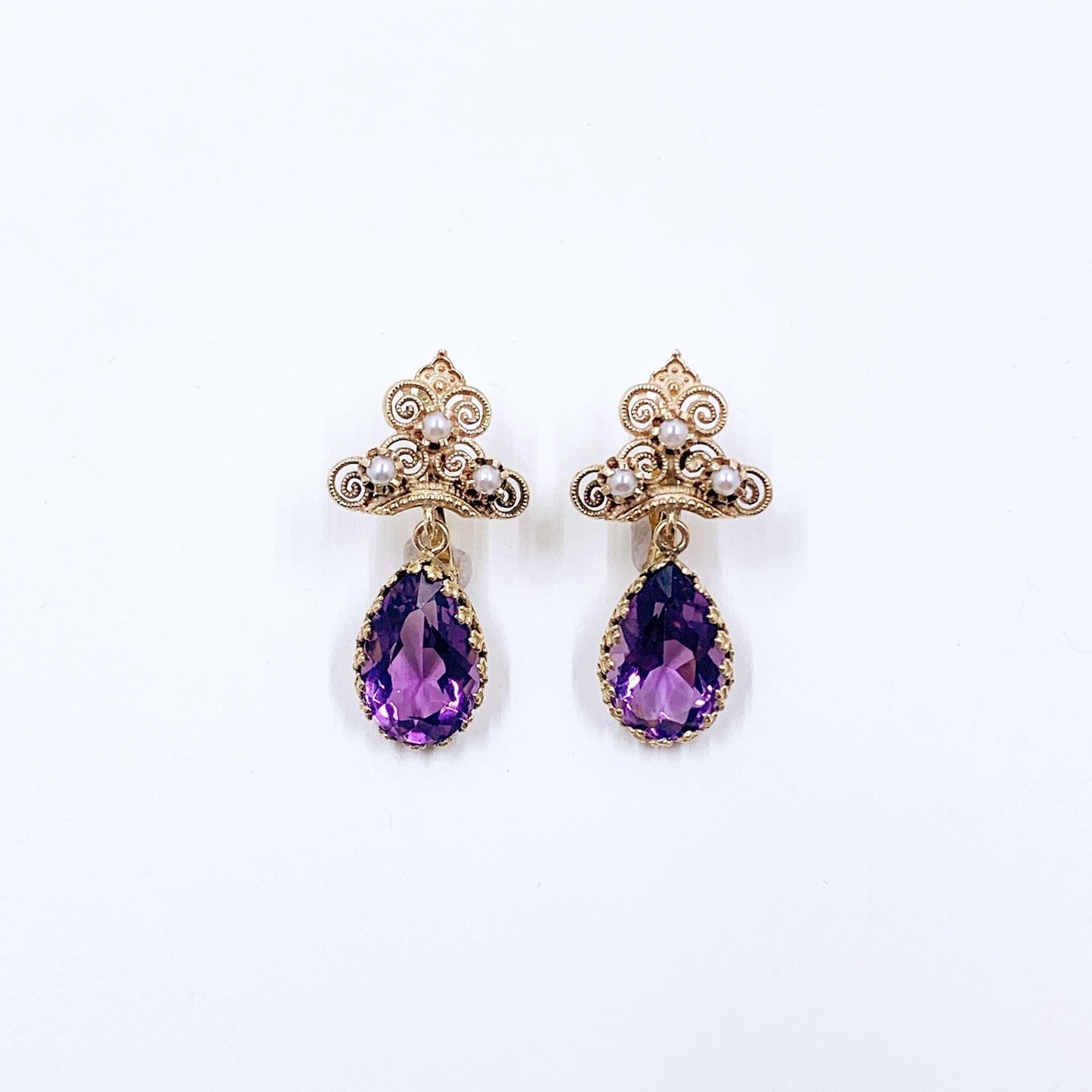 Victorian Revival 14k Gold Amethyst Seed Pearl Dangle Earrings