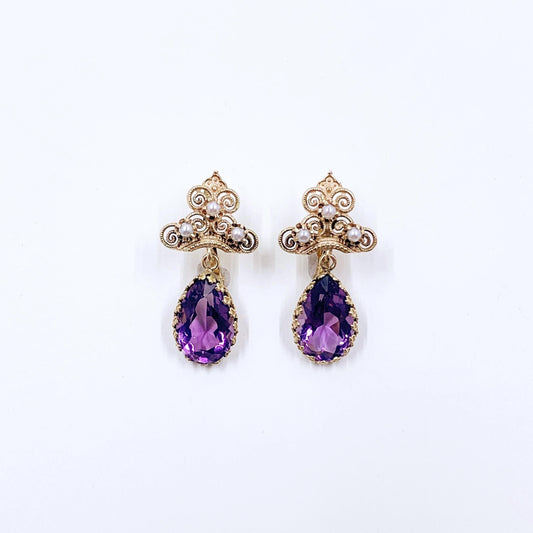 Victorian Revival 14k Gold Amethyst Seed Pearl Dangle Earrings