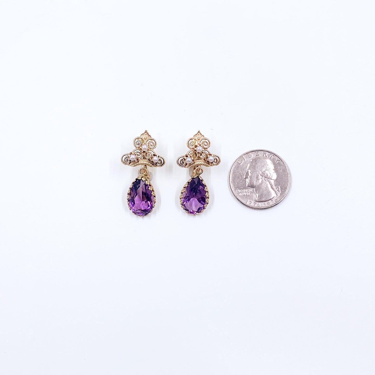 Victorian Revival 14k Gold Amethyst Seed Pearl Dangle Earrings