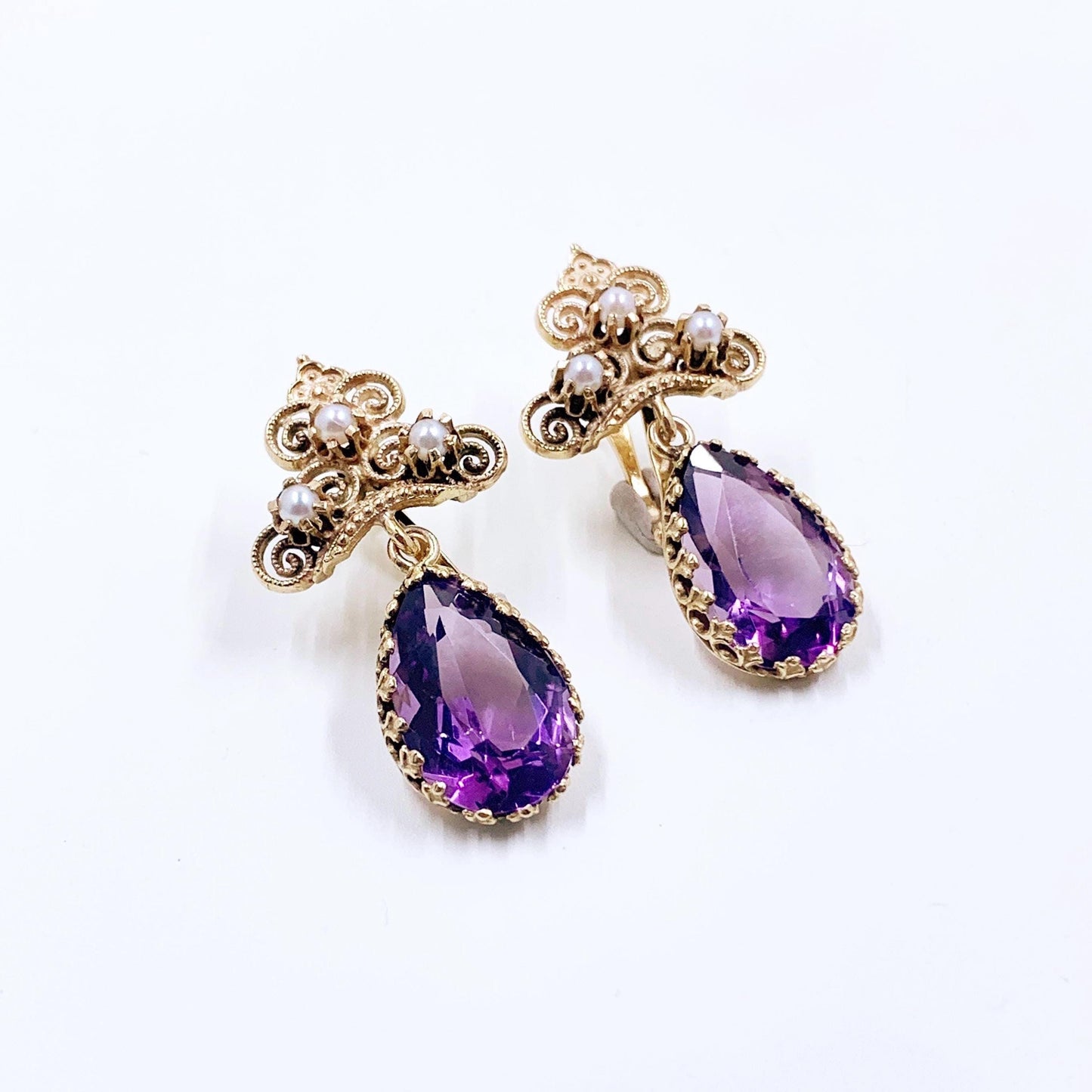 Victorian Revival 14k Gold Amethyst Seed Pearl Dangle Earrings