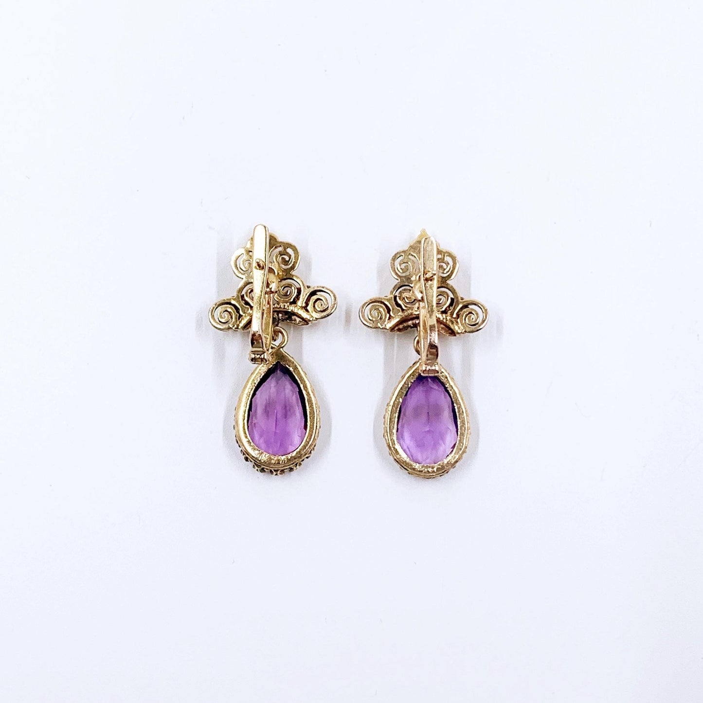 Victorian Revival 14k Gold Amethyst Seed Pearl Dangle Earrings