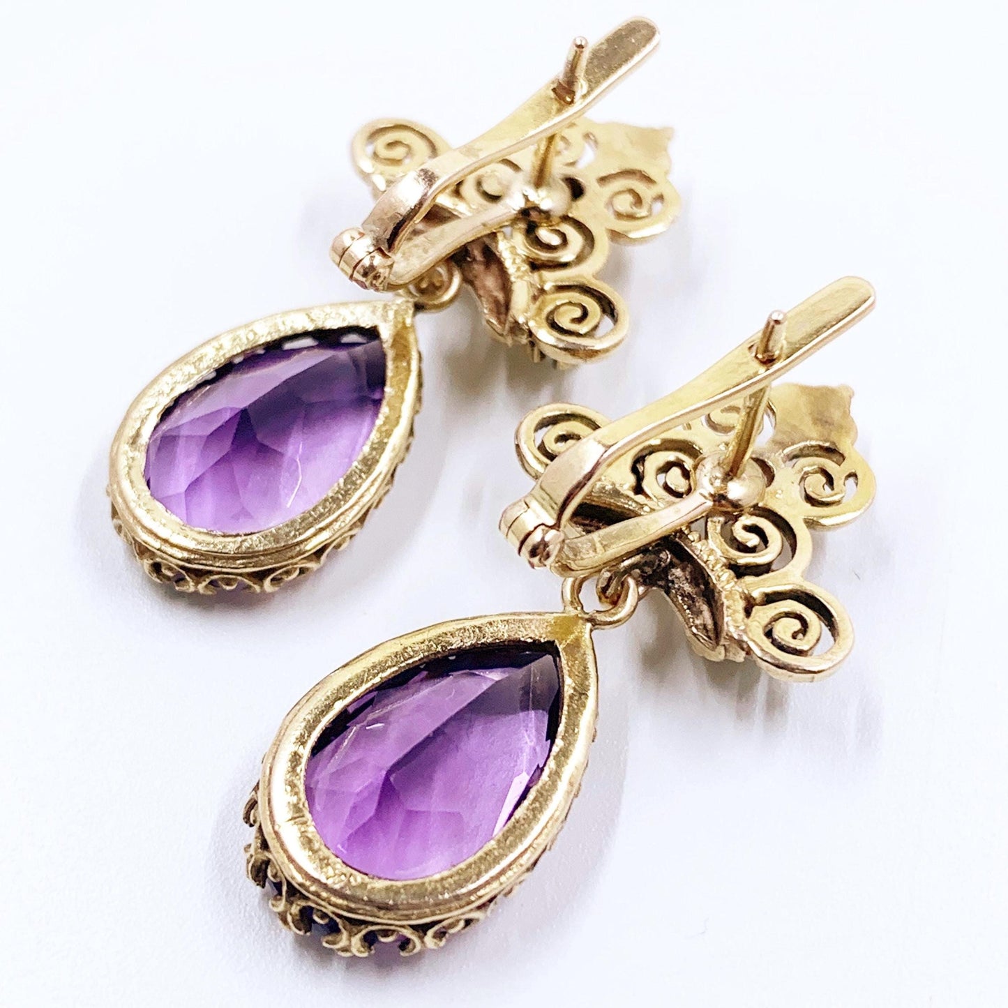 Victorian Revival 14k Gold Amethyst Seed Pearl Dangle Earrings