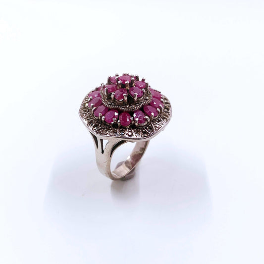 Sterling Silver Marcasite and Ruby Cluster Cocktail Ring