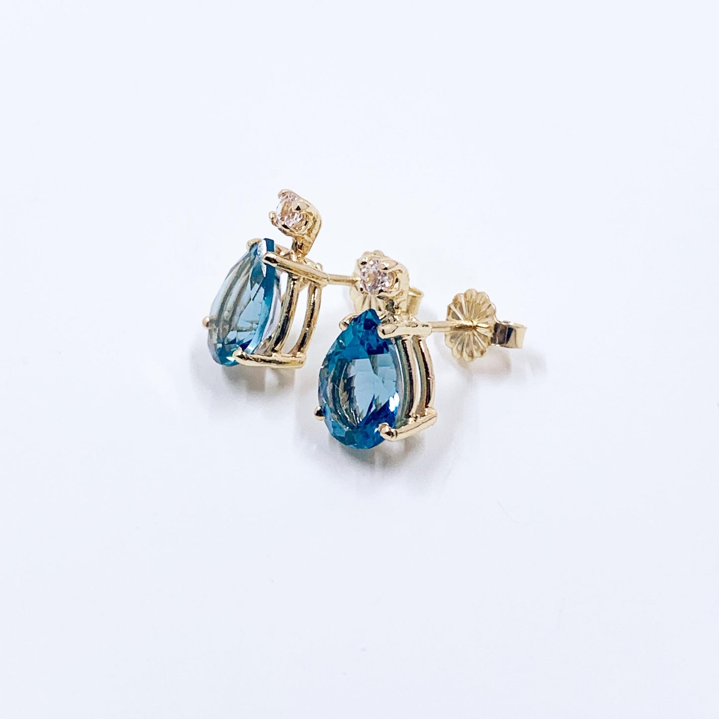 Vintage 14k Gold Blue Topaz & Sapphire Tear Drop Stud Earrings