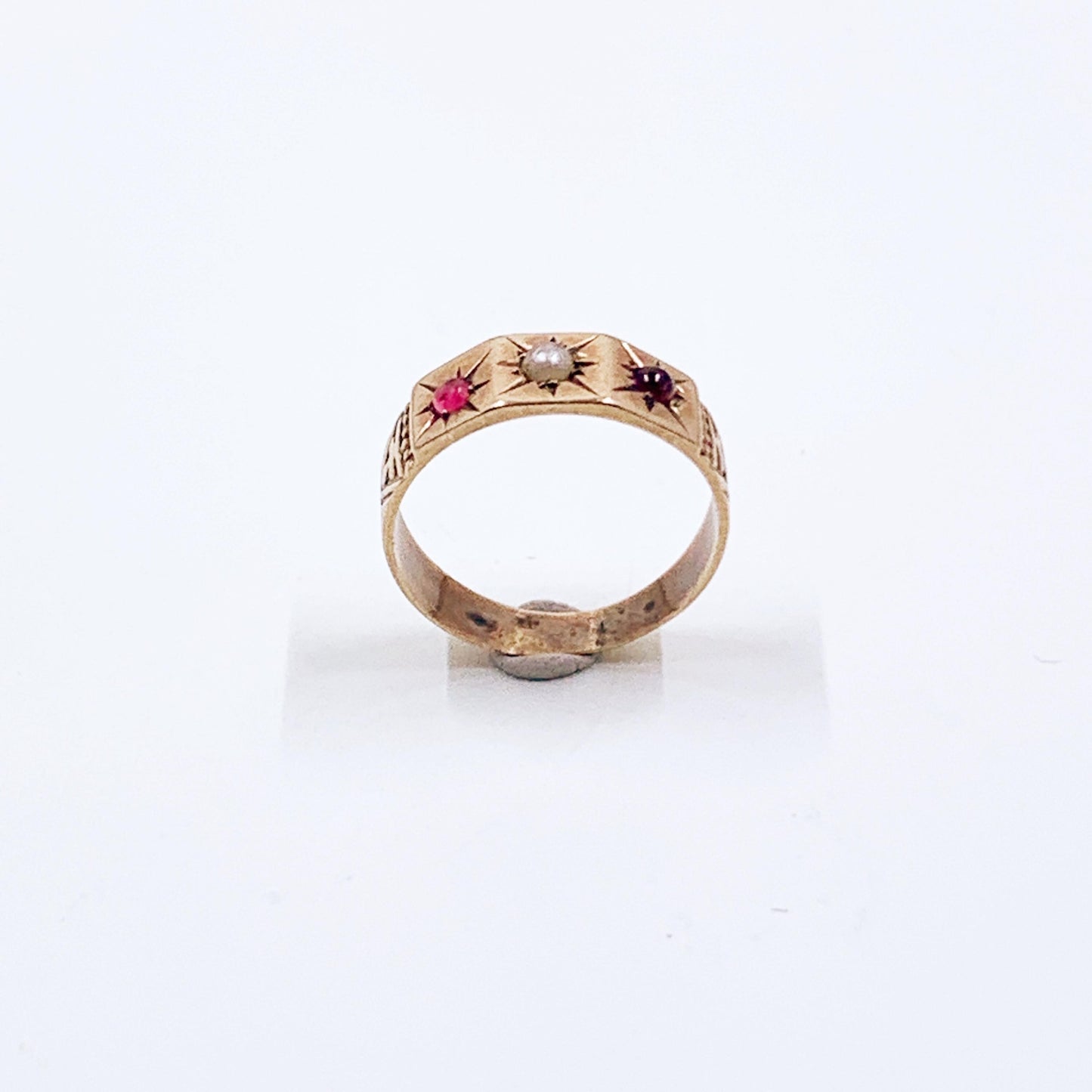 Victorian 10k Gold Baby Ring with Seed Pearl and Red Stones