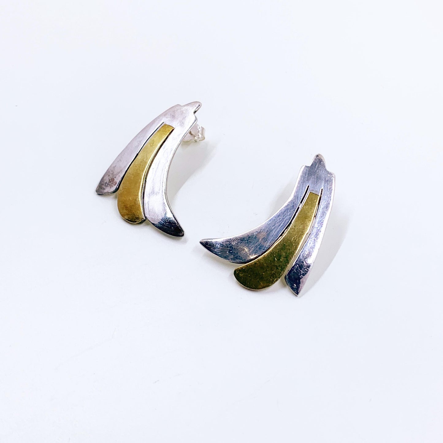 Vintage Mexican Mixed Metal Wing Earrings, Brass and Silver Earrings