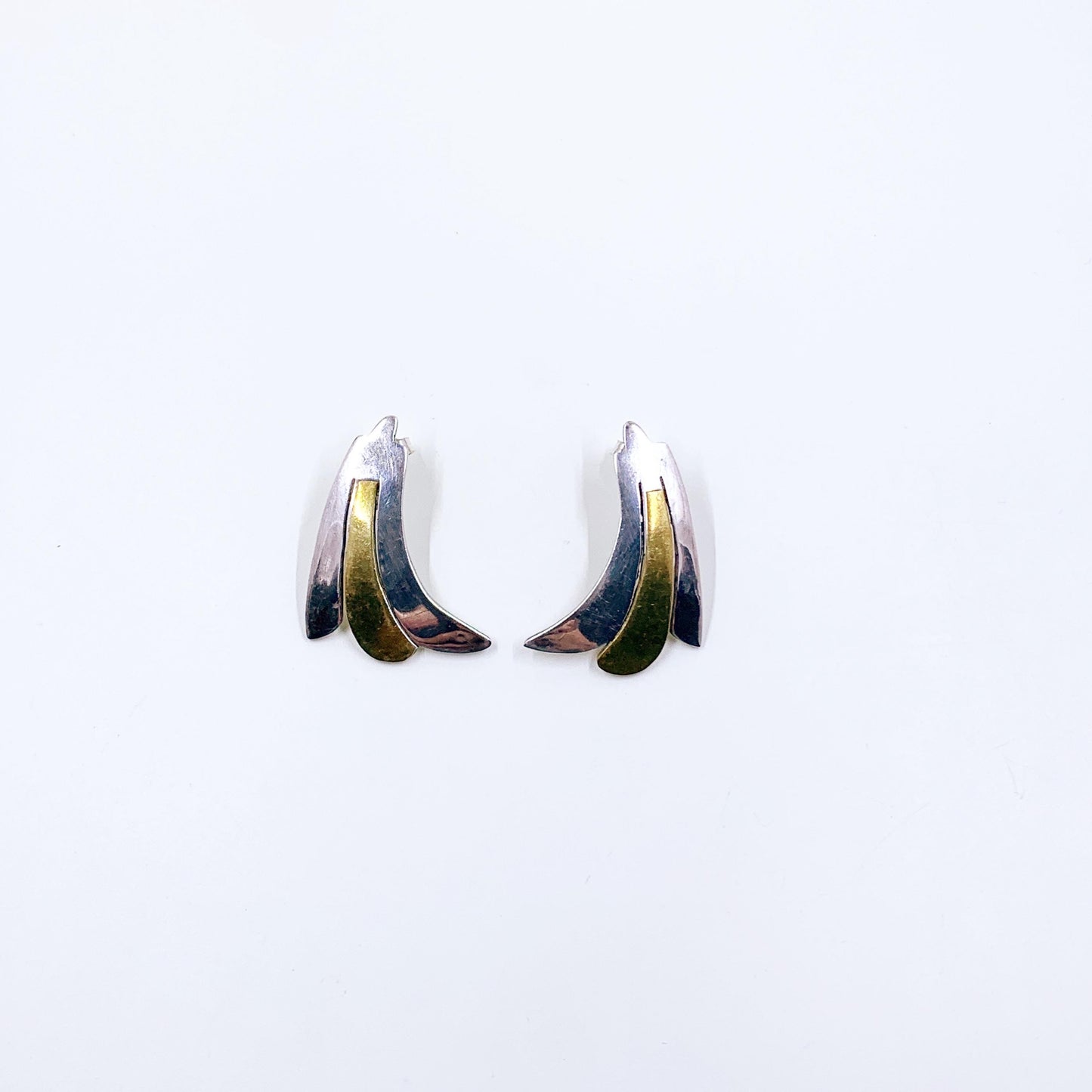 Vintage Mexican Mixed Metal Wing Earrings, Brass and Silver Earrings