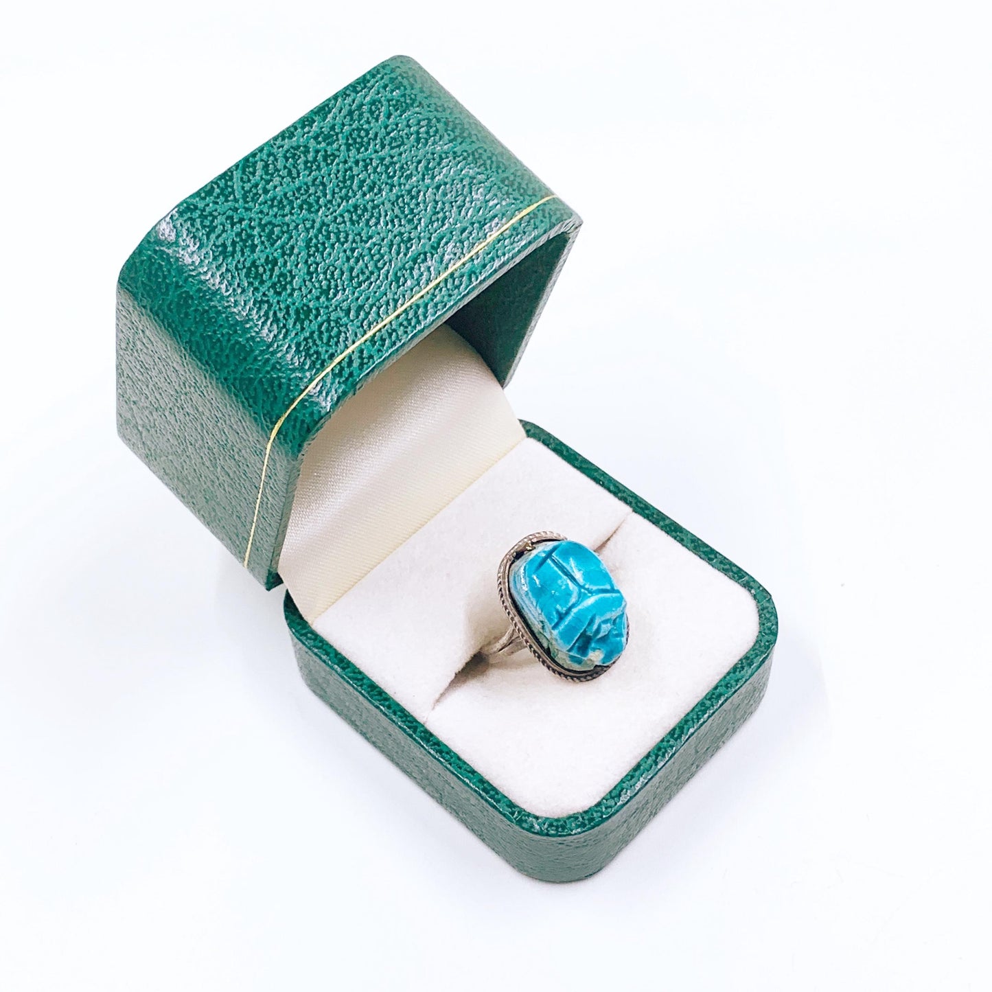 Vintage Egyptian Scarab Bead Silver Ring, Carved Stone Scarab Ring, Size 9 Ring