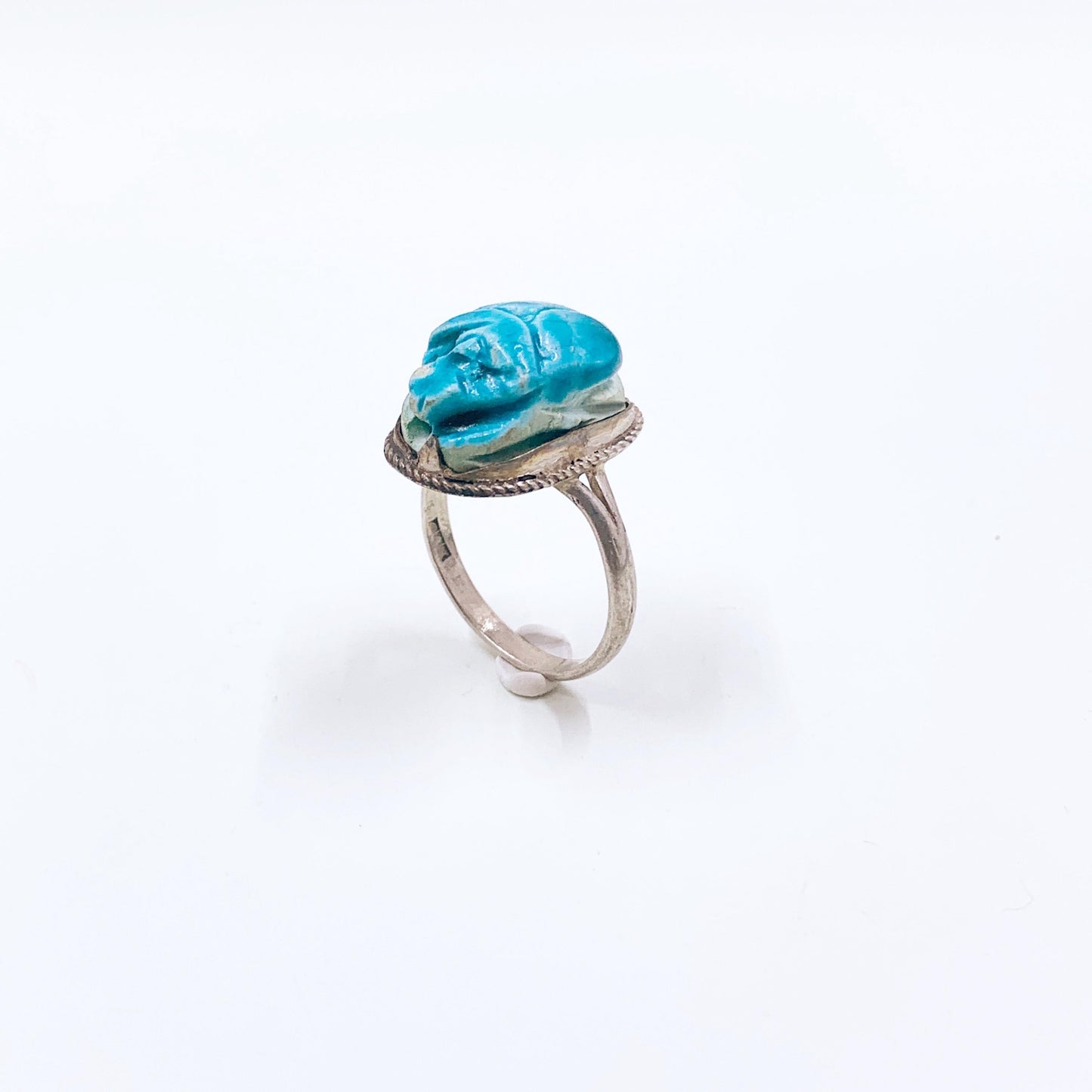 Vintage Egyptian Scarab Bead Silver Ring, Carved Stone Scarab Ring, Size 9 Ring
