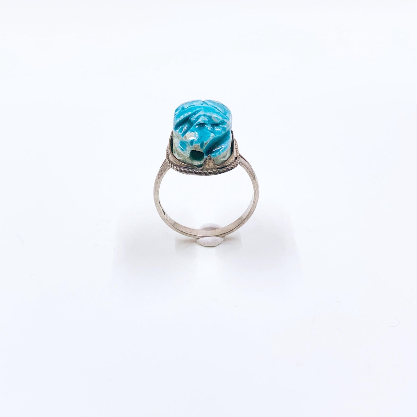 Vintage Egyptian Scarab Bead Silver Ring, Carved Stone Scarab Ring, Size 9 Ring