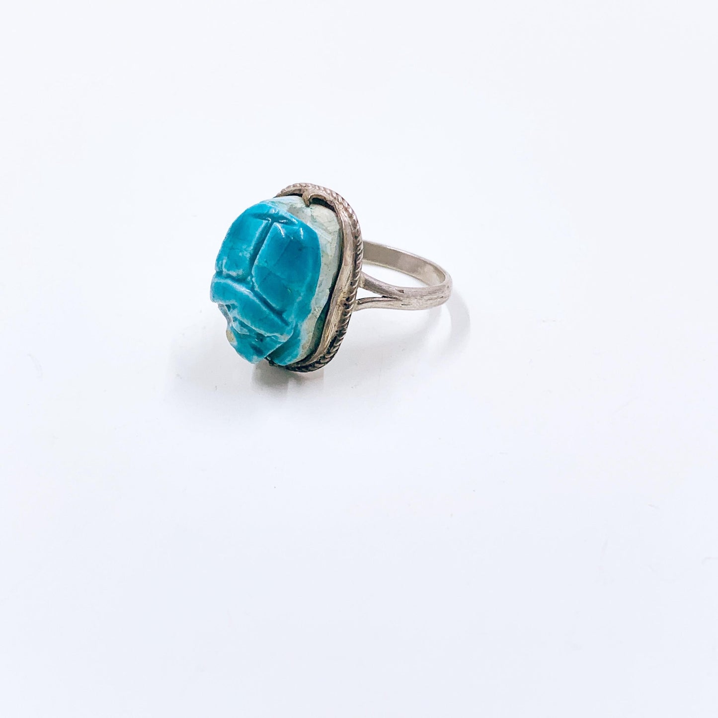 Vintage Egyptian Scarab Bead Silver Ring, Carved Stone Scarab Ring, Size 9 Ring