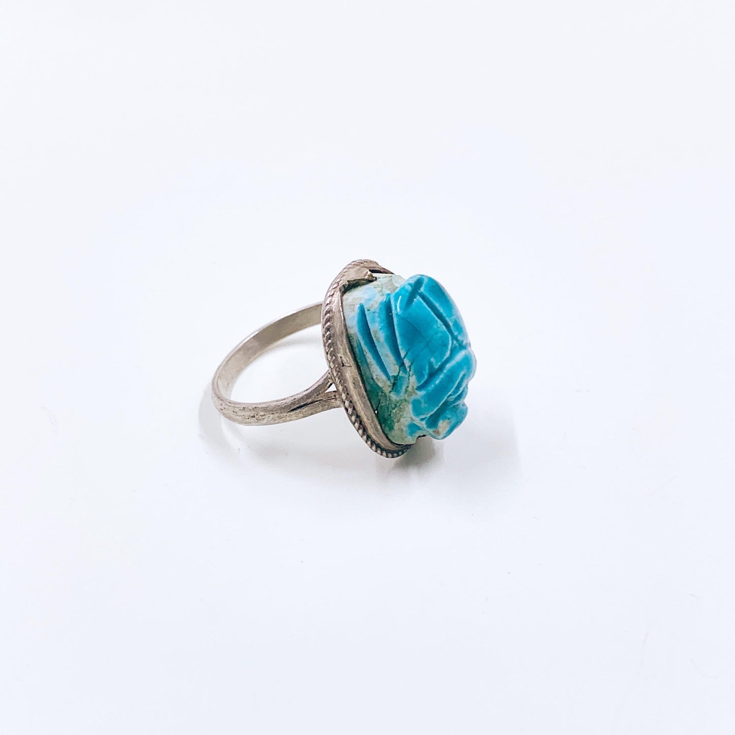 Vintage Egyptian Scarab Bead Silver Ring, Carved Stone Scarab Ring, Size 9 Ring