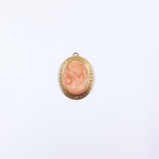 Estate 14k Carved Coral Cameo Brooch and Pendant, Female Figure Cameo
