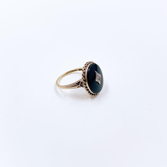 Vintage 10K Tru-Art Onyx and Diamond Ring, Size 5.75 Ring