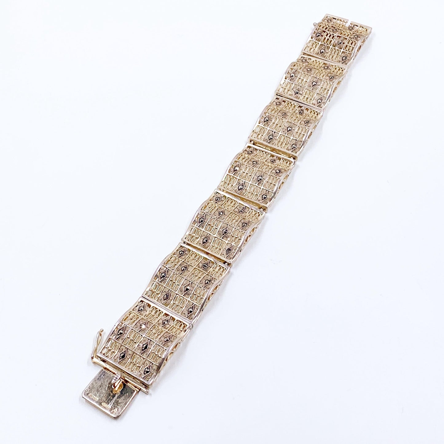 Vintage German Filigree Sterling Silver Panel Bracelet, German Floral Art Deco Style Bracelet
