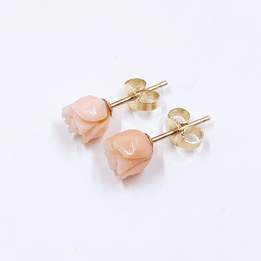 Vintage 14K Carved Coral Flower Stud Earrings
