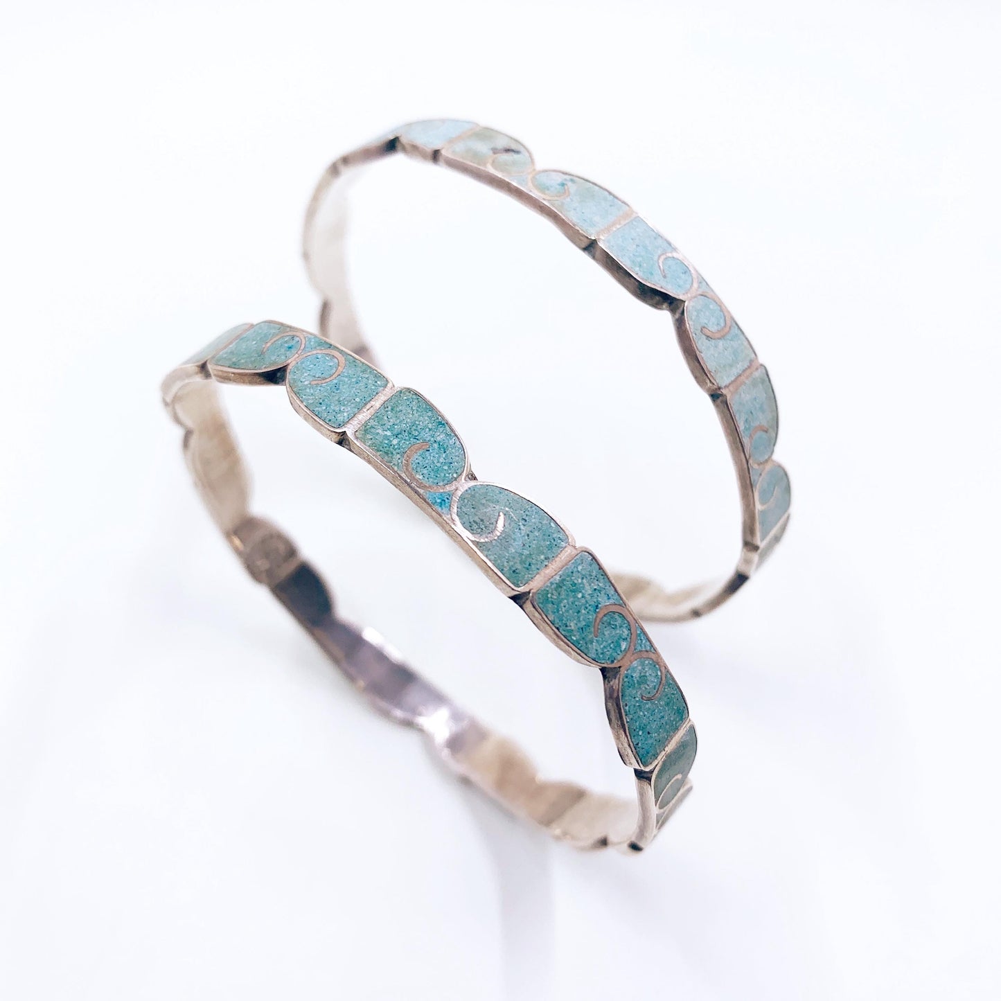 Vintage Mexican Silver Turquoise Inlay Bangle Bracelets- Set of 2