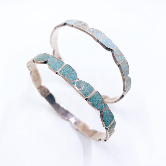 Vintage Mexican Silver Turquoise Inlay Bangle Bracelets- Set of 2