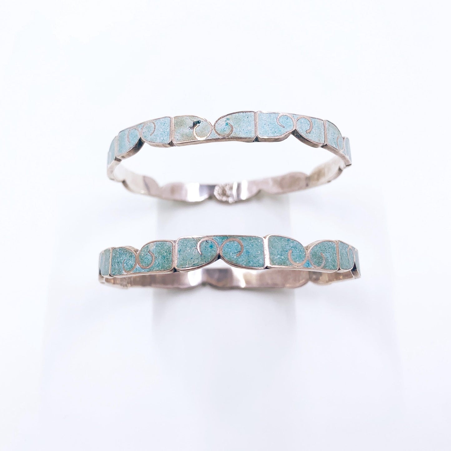 Vintage Mexican Silver Turquoise Inlay Bangle Bracelets- Set of 2