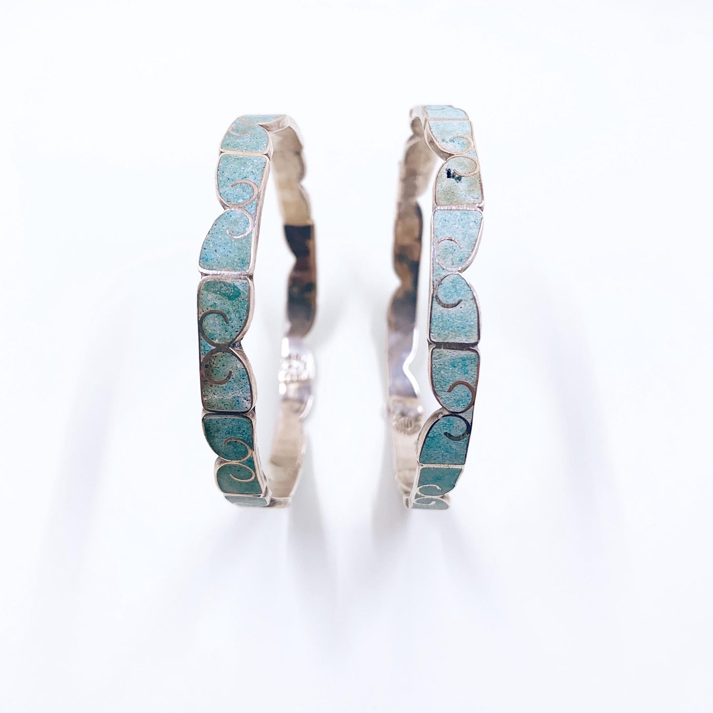 Vintage Mexican Silver Turquoise Inlay Bangle Bracelets- Set of 2